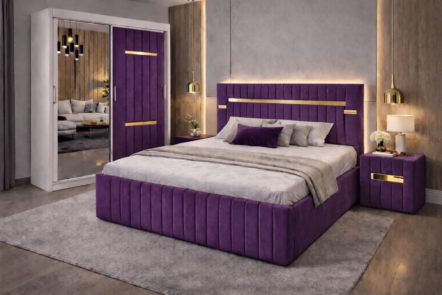 Dormitor Velvet Mov cu Dressing Tapitat