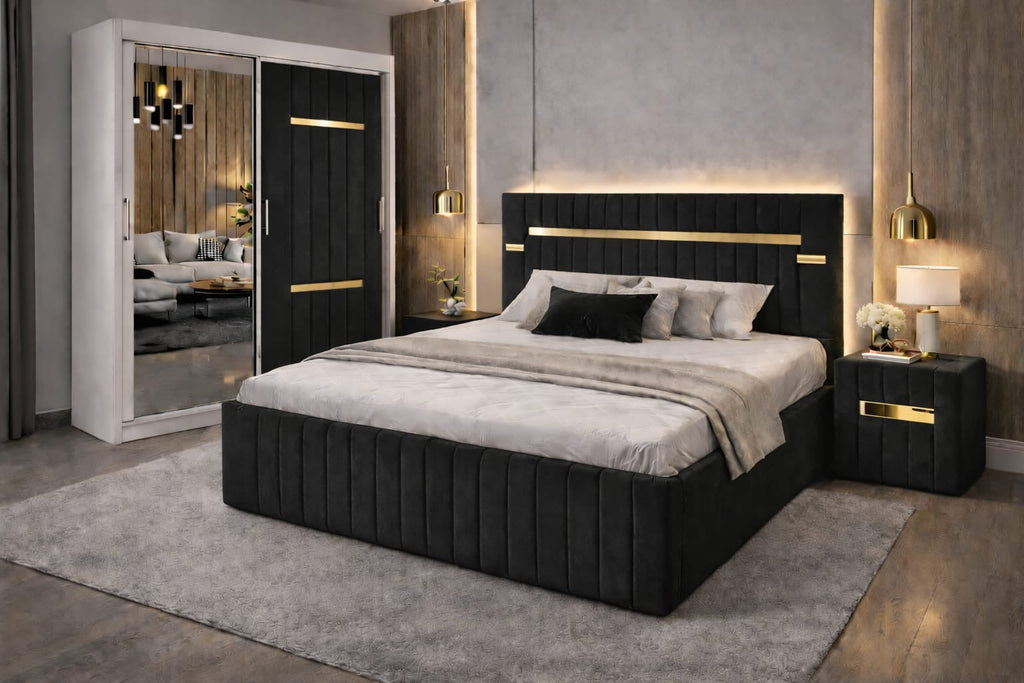 Dormitor Velvet Negru cu Dressing Tapitat