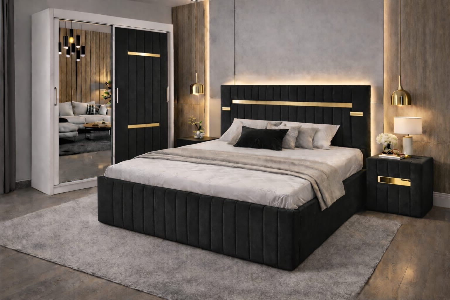 Dormitor Velvet Negru cu Dressing Tapitat