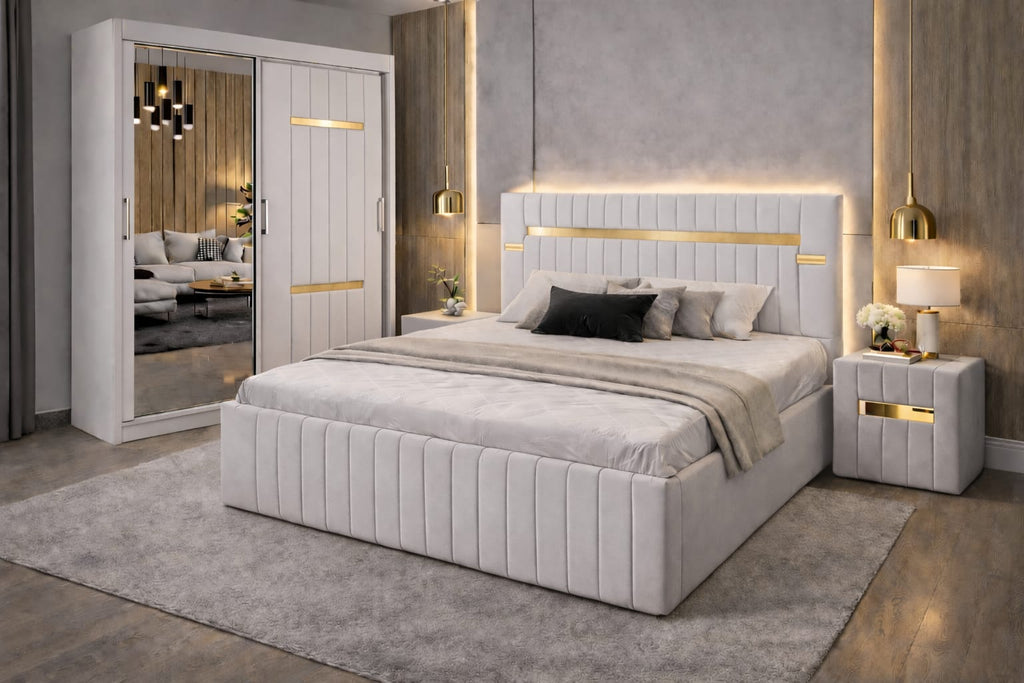 Dormitor Velvet Alb cu Dressing Tapitat
