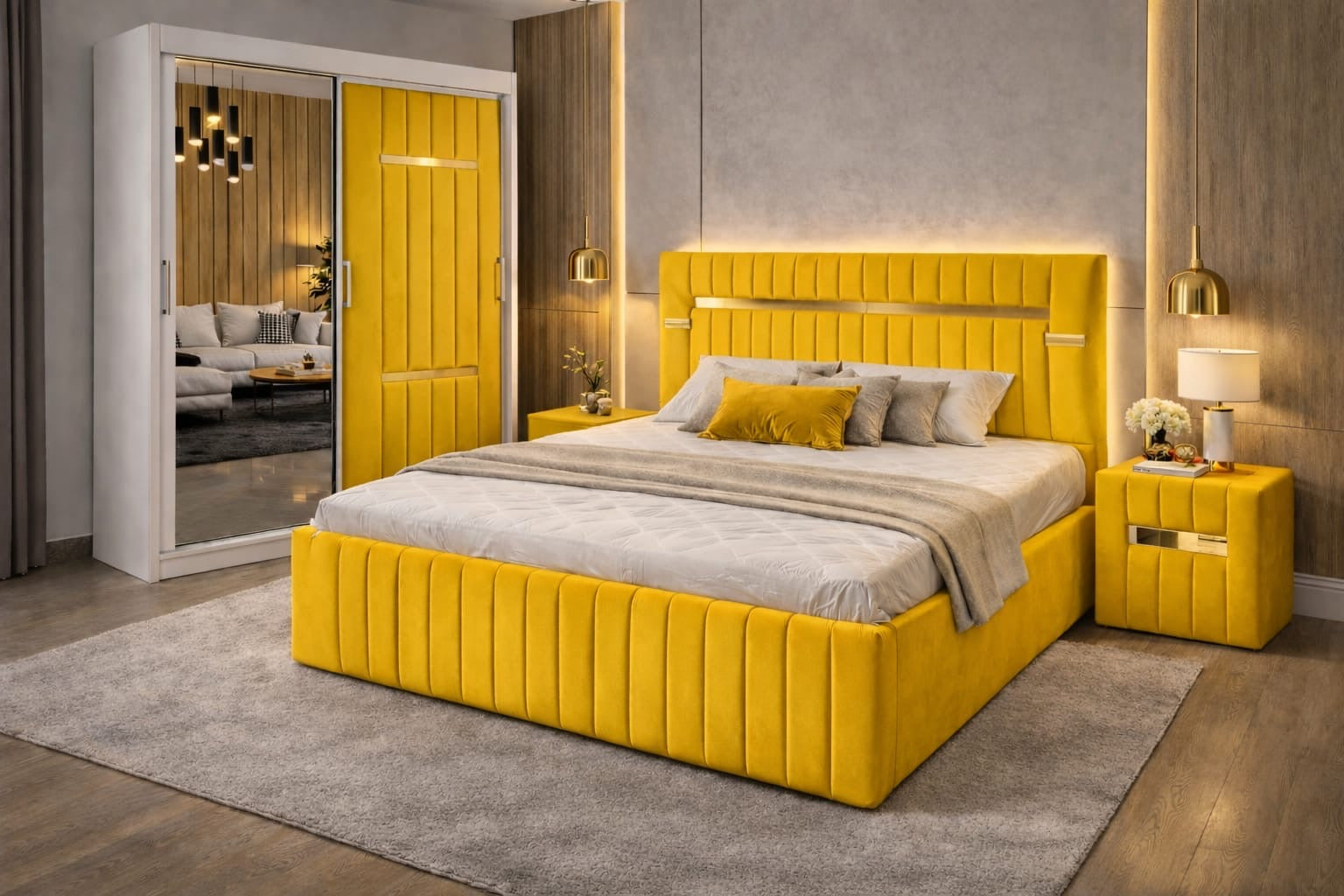 Dormitor Velvet Galben cu Dressing Tapitat