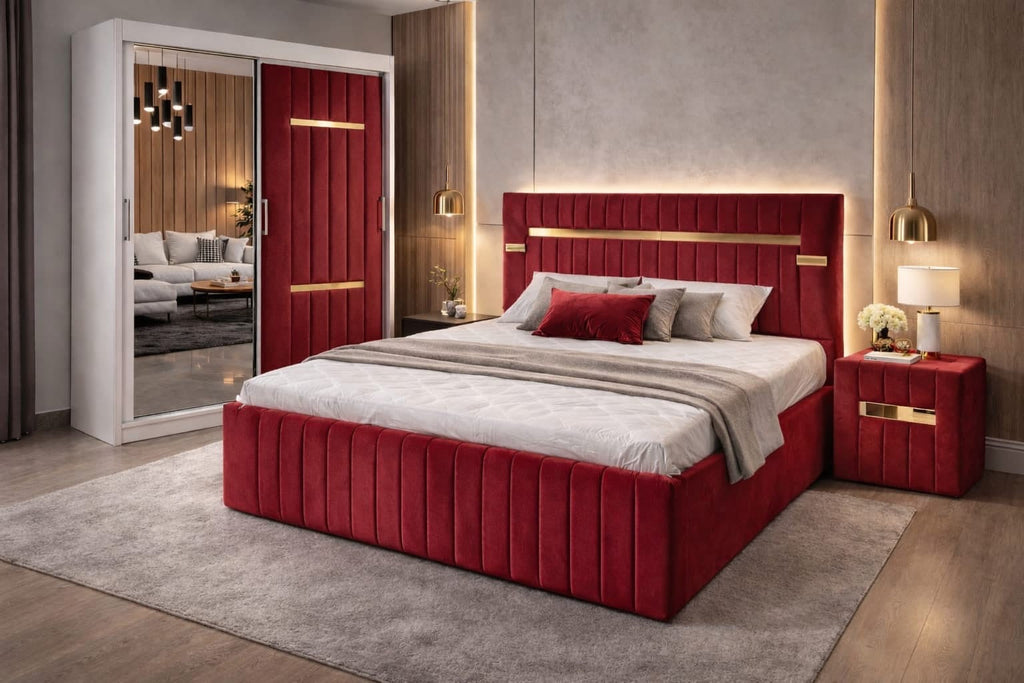 Dormitor Velvet Vișiniu cu Dressing Tapitat