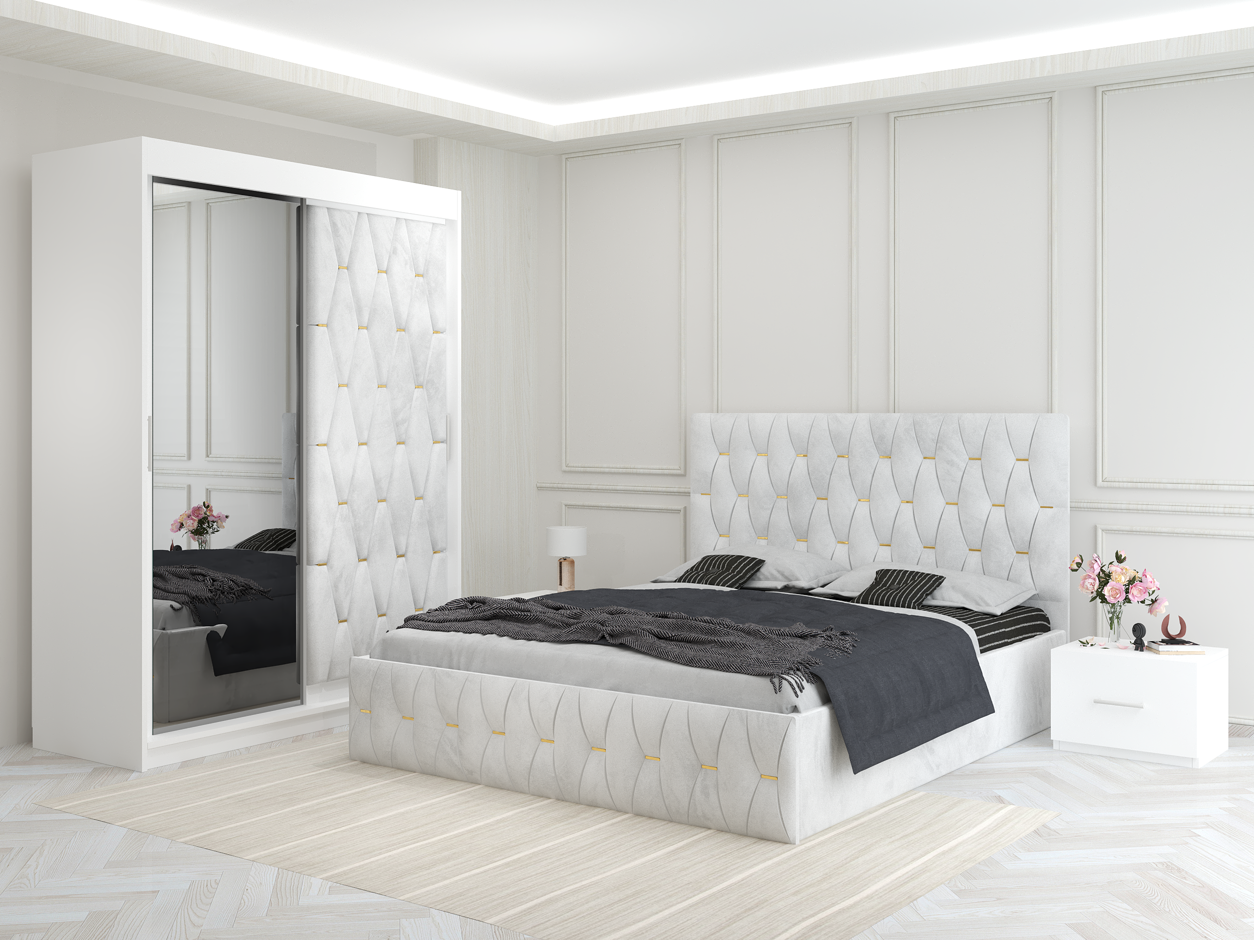 Dormitor Ana Alb cu Dressing Tapitat si 2 Noptiere