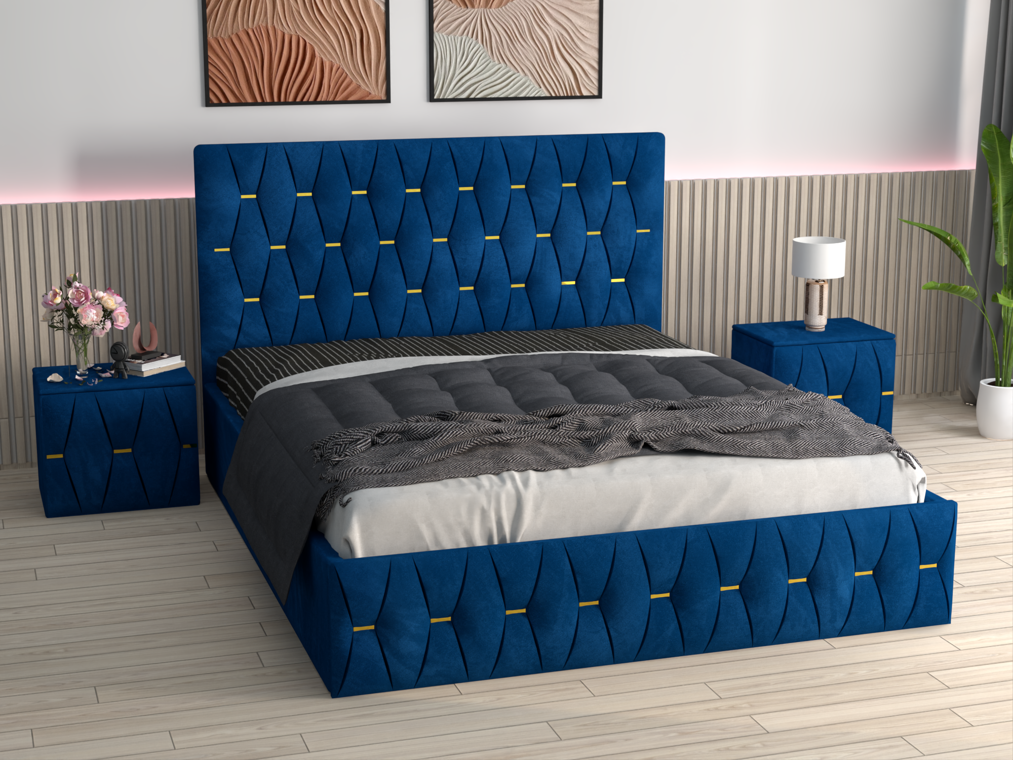 Pat Tapitat Ana Albastru Catifea Premium cu Noptiere Tapitate