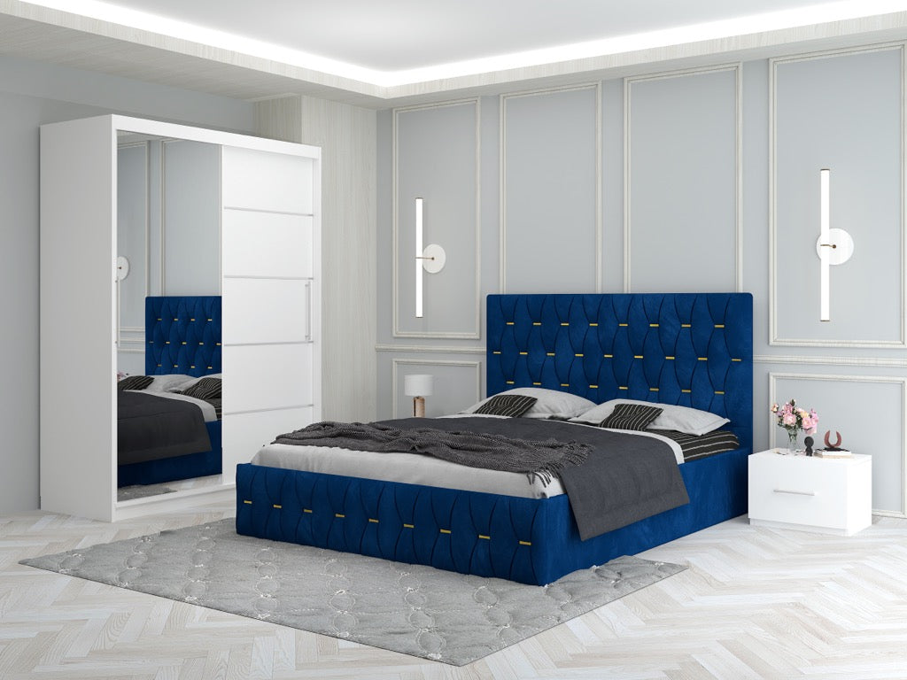 Dormitor Ana Albastru cu Pat Tapitat , Dresing 150 si Noptiere