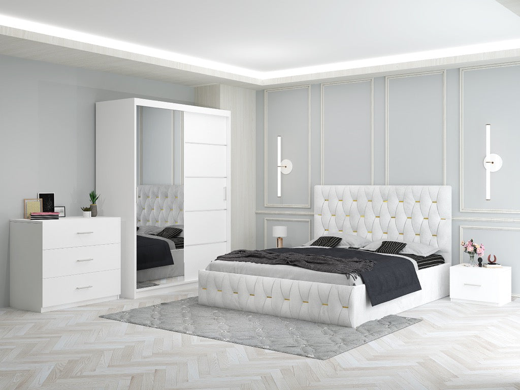 Dormitor Ana Alb cu Pat Tapitat , Dresing 150, Comoda si Noptiere
