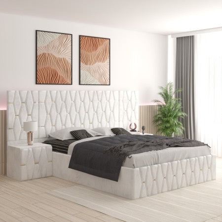 Pat Tapitat ANA Alb Cu Extensii Si Noptiere Tapitate