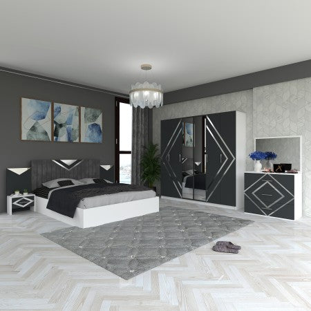 Dormitor ONIX GRI 5 Piese Pat Tapitat , 2 Noptiere , Dulap 6 Usi Si Comoda Cu Oglinda