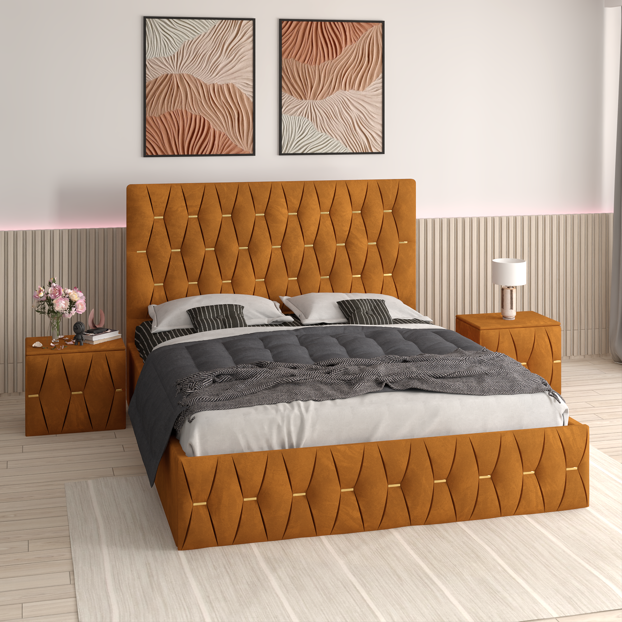 Pat Tapitat Ana Caramiziu Catifea Premium cu Noptiere Tapitate