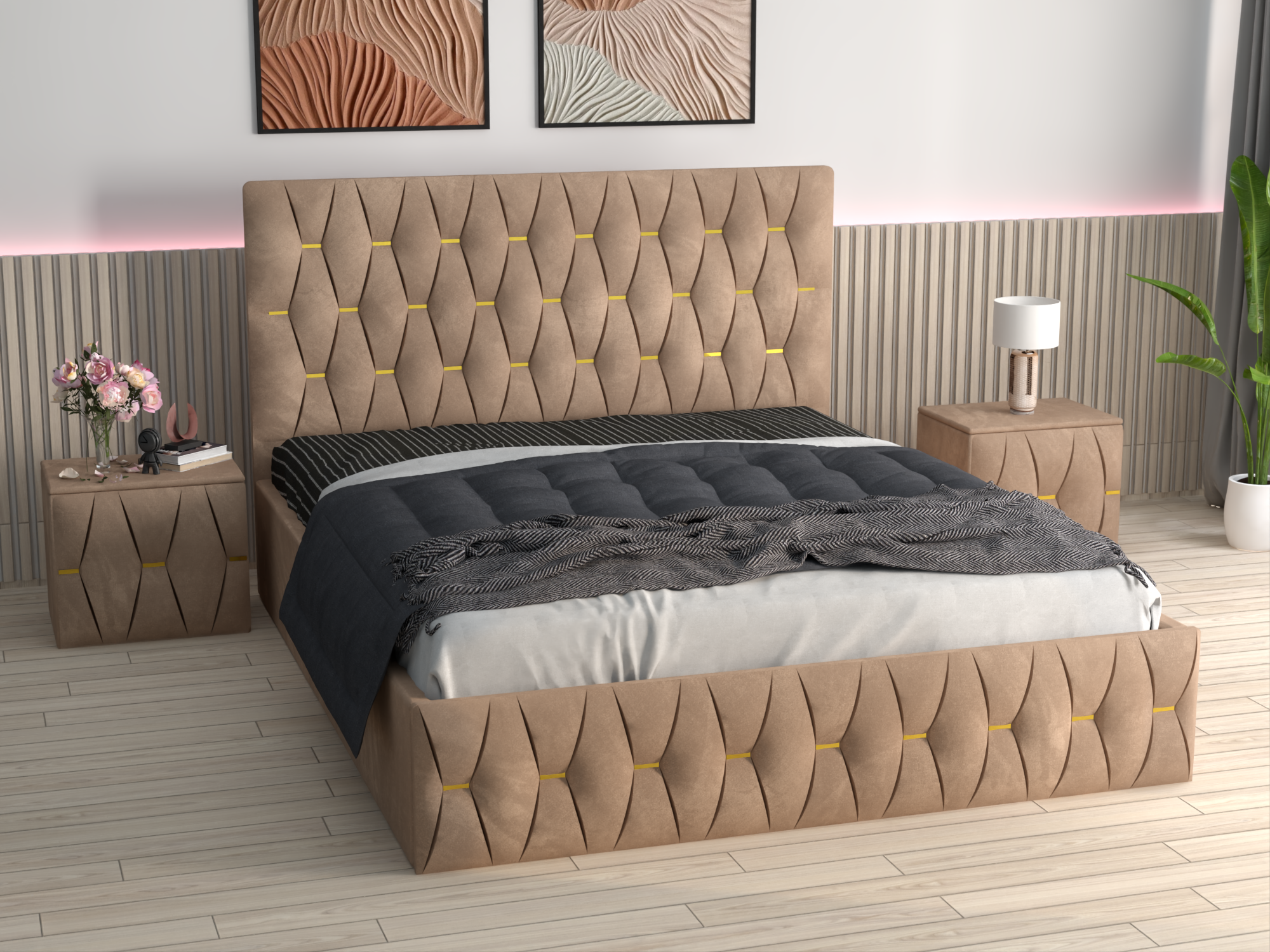 Pat Tapitat Ana Crem Catifea Premium cu Noptiere Tapitate