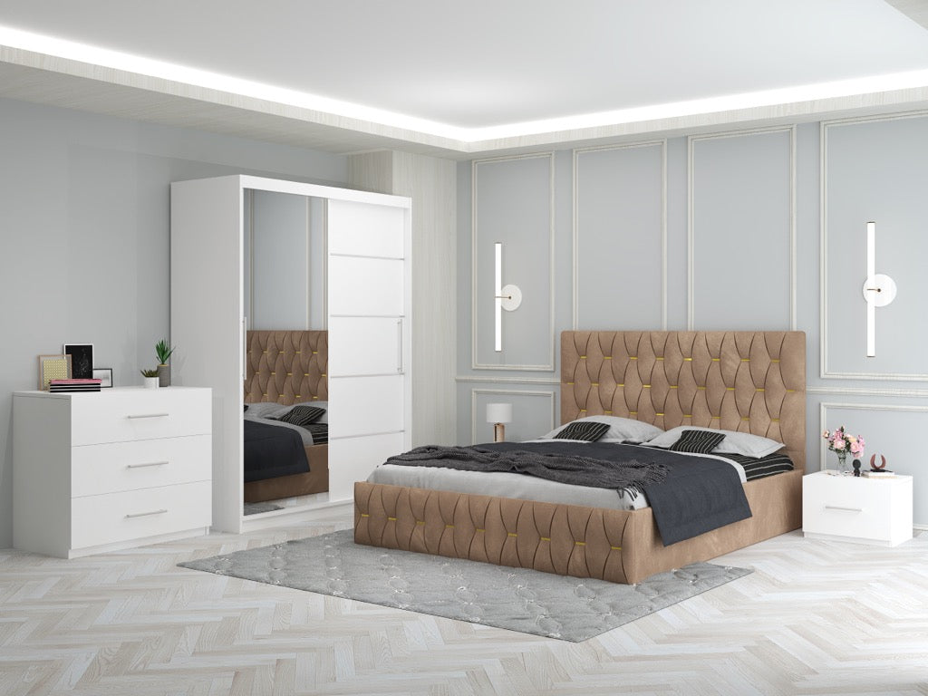 Dormitor Ana crem cu Pat Tapitat , Dresing 150, Comoda si Noptiere