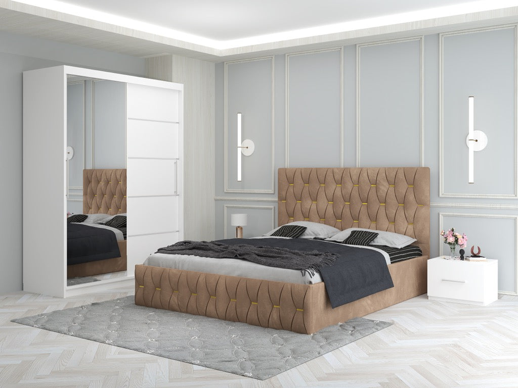 Dormitor Ana Crem cu Pat Tapitat , Dresing 150 si Noptiere