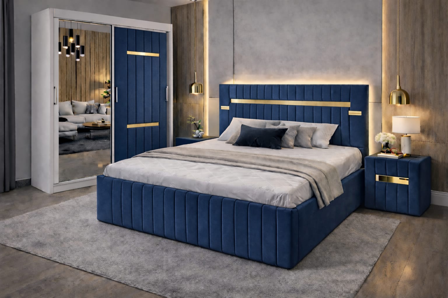 Dormitor Velvet Albastru cu Dressing Tapitat
