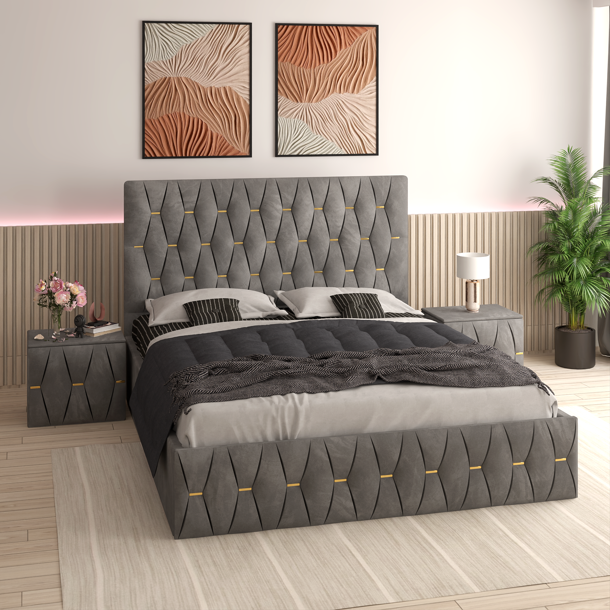 Pat Tapitat Ana Gri Catifea Premium cu Noptiere Tapitate