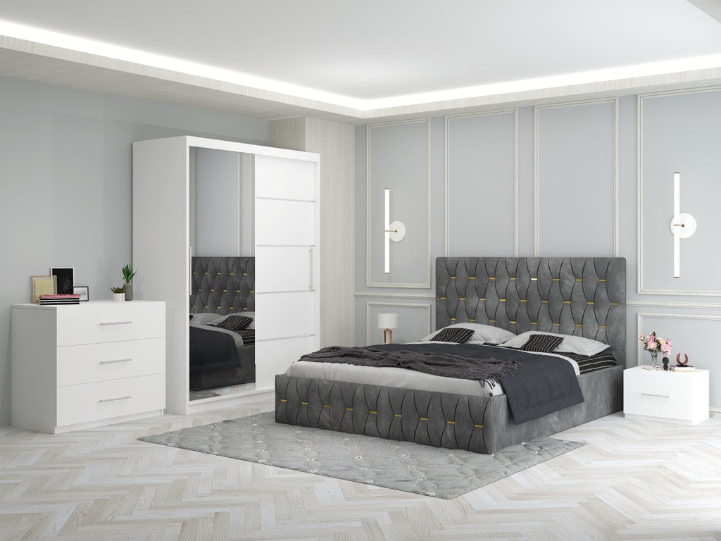 Dormitor Ana Gri cu Pat Tapitat , Dresing 150, Comoda si Noptiere