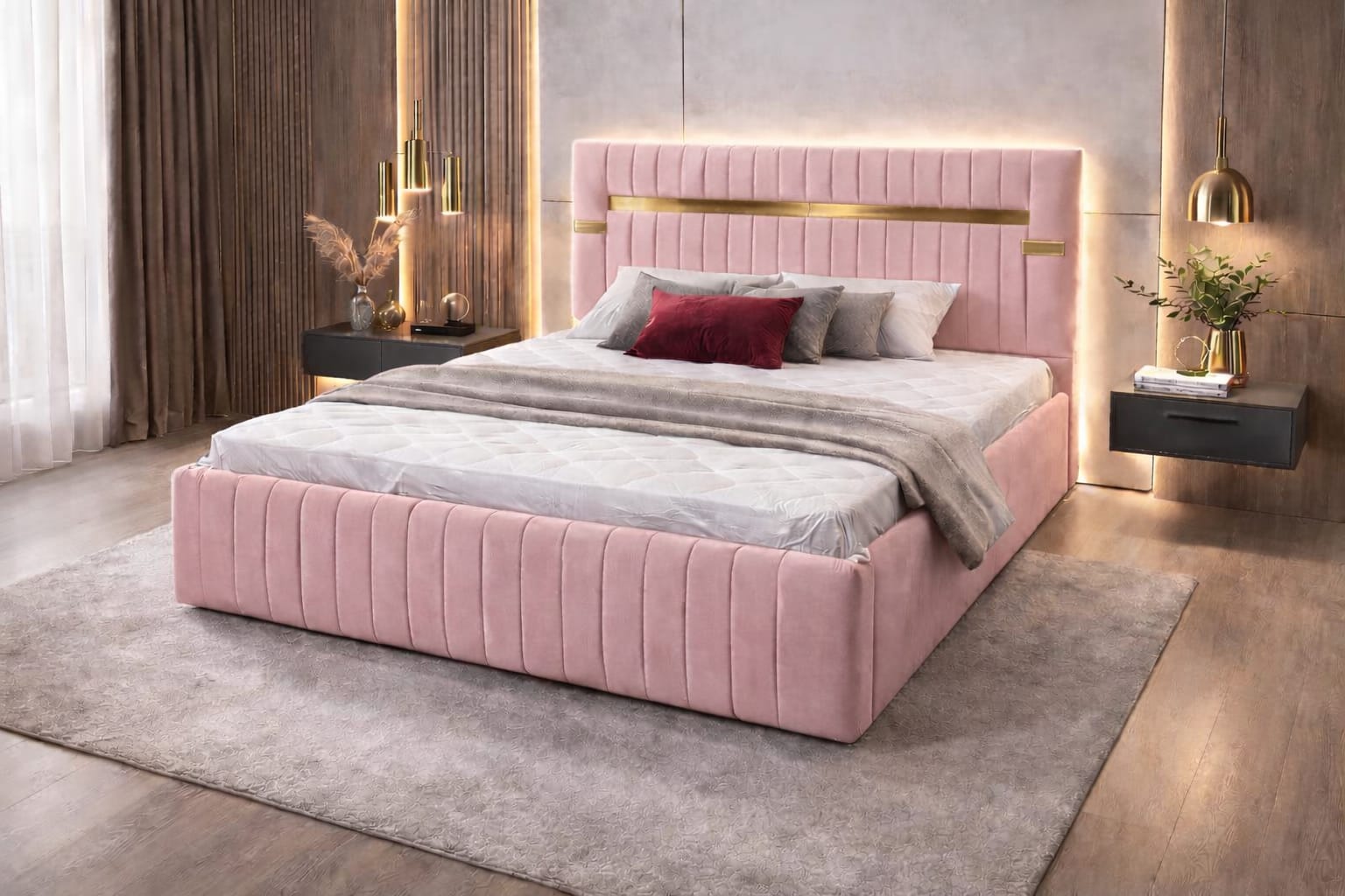 Pat Tapitat Velvet Roz Catifea Premium Cu Oglinda Aurie