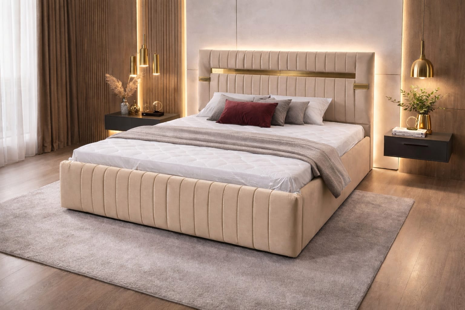 Pat Tapitat Velvet Bej Catifea Premium Cu Oglinda Aurie