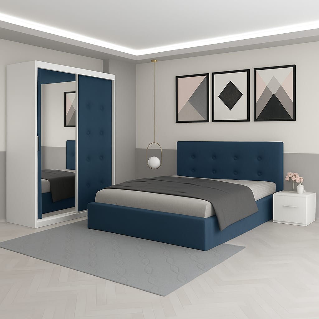 Dormitor Aris Albastru Catifea Premium cu Dressing Tapitat Si 2 Noptiere