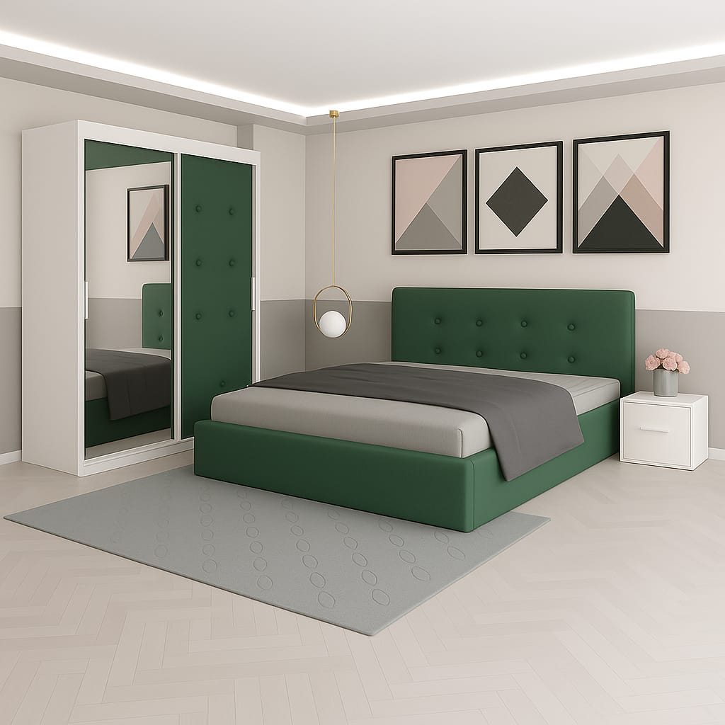 Dormitor Aris Verde Cu Dressing Tapitat Si 2 Noptiere