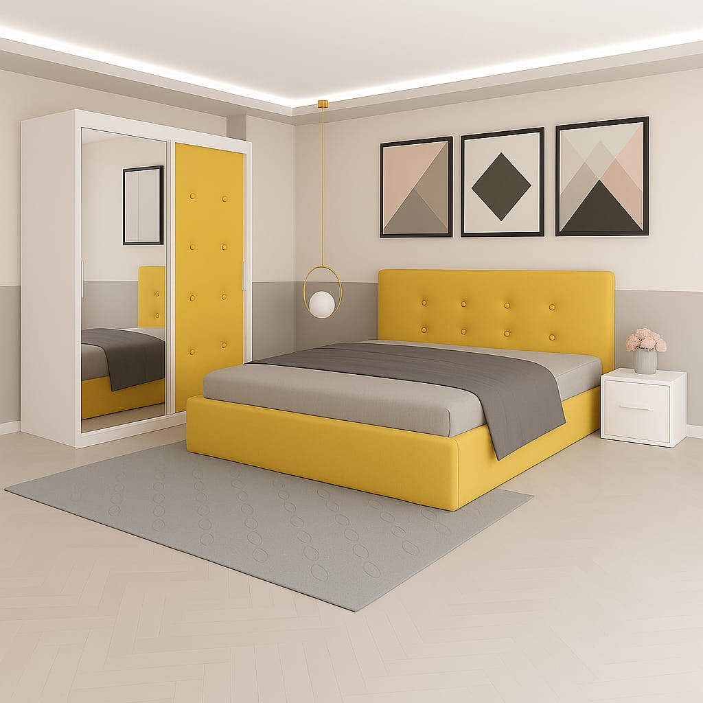 Dormitor Aris Galben Catifea Premium Cu Dressing Tapitat Si 2 Noptiere