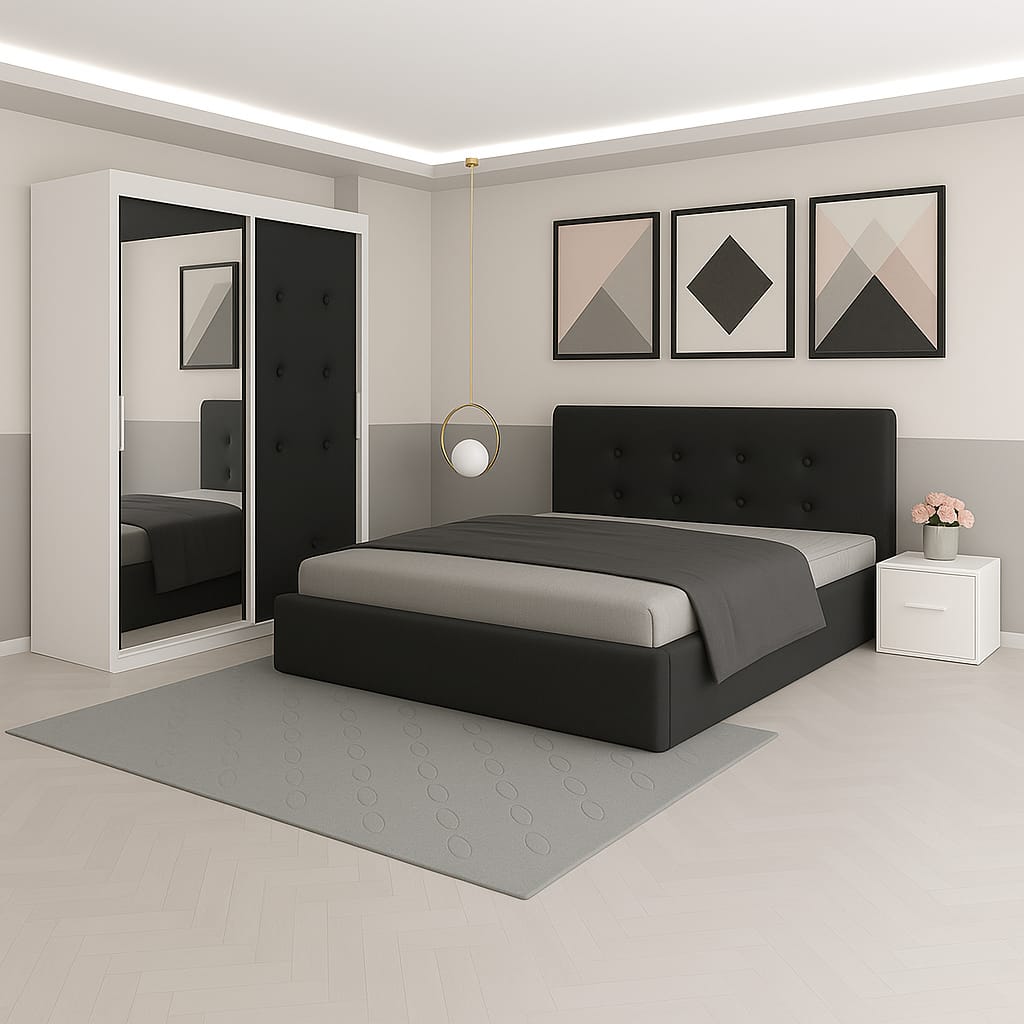 Dormitor Aris Negru Catifea Premium Cu Dressing Tapitat Si 2 Noptiere