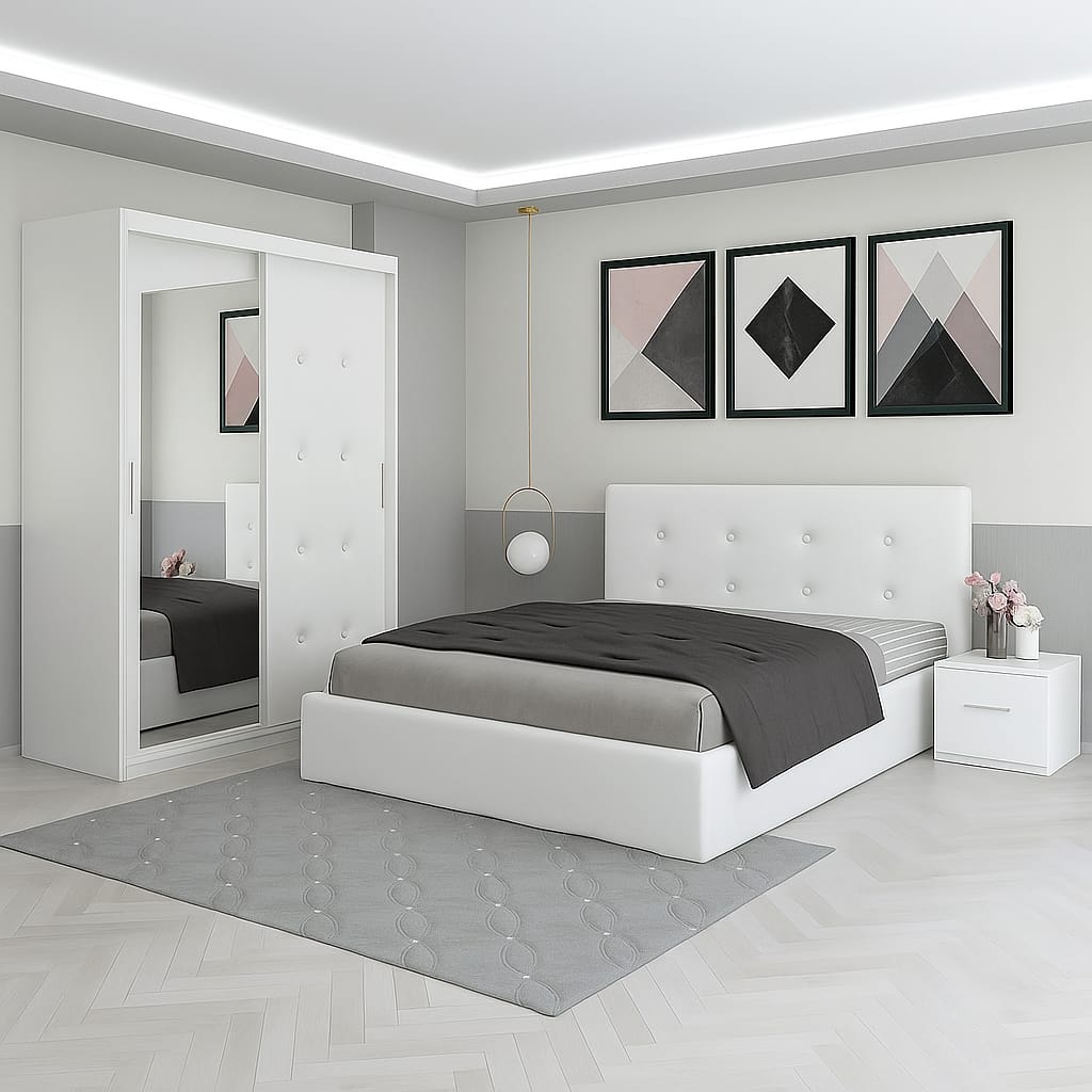 Dormitor Aris Alb Cu Dressing Tapitat Si 2 Noptiere