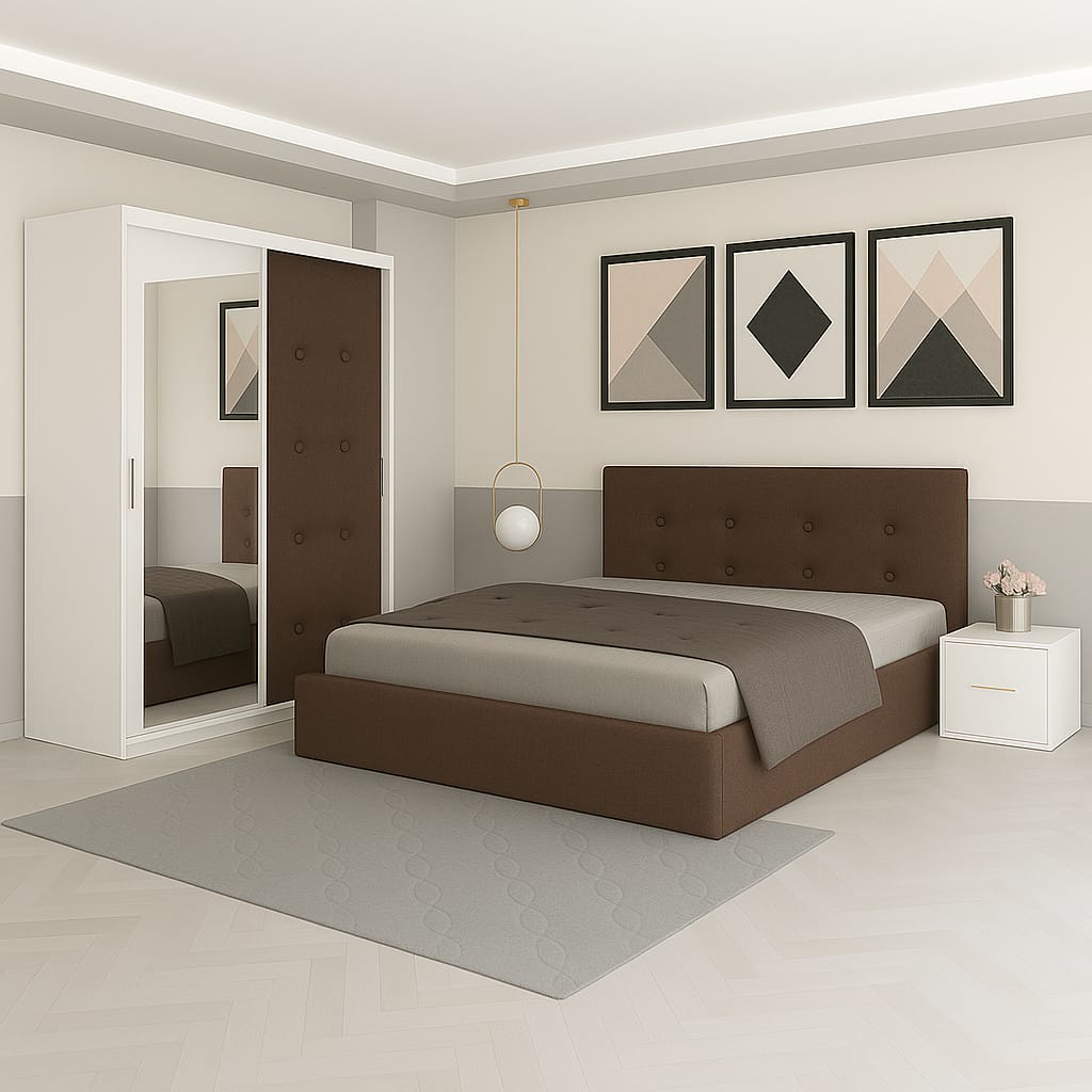 Dormitor Aris Maro Cu Dressing Tapitat Si 2 Noptiere