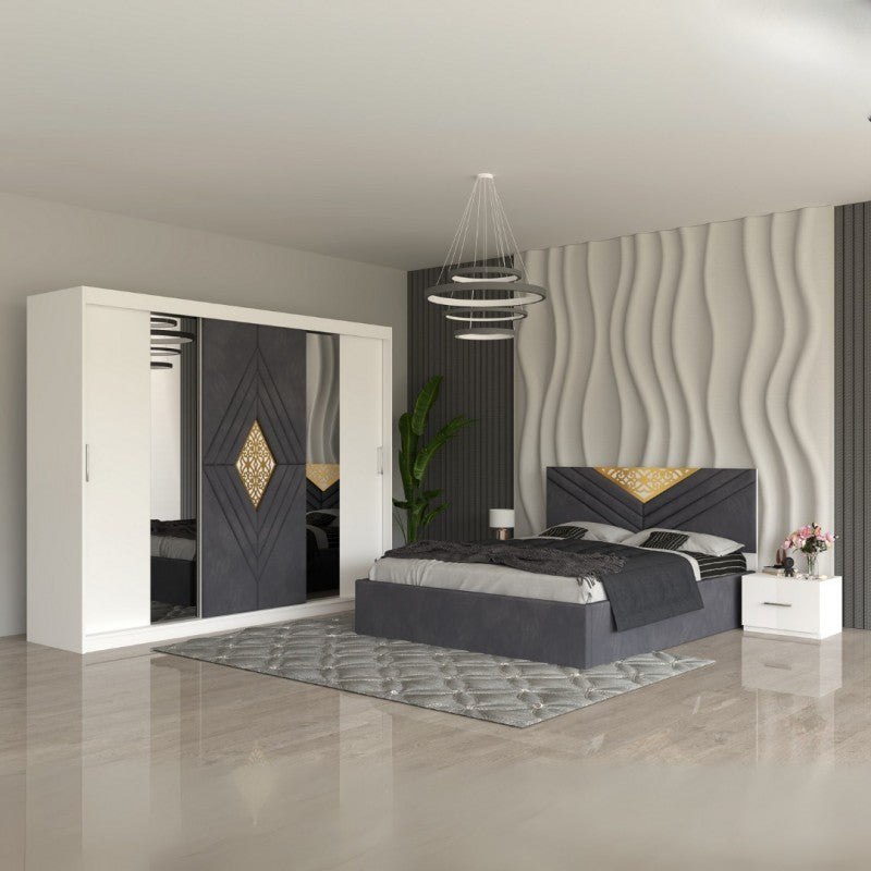 Dormitor Royal Gri Pat Tapitat, Dressing 250 Si 2 Noptiere