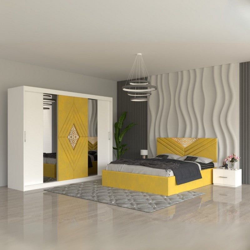 Dormitor Royal Galben Pat Tapitat, Dressing 250 Si 2 Noptiere