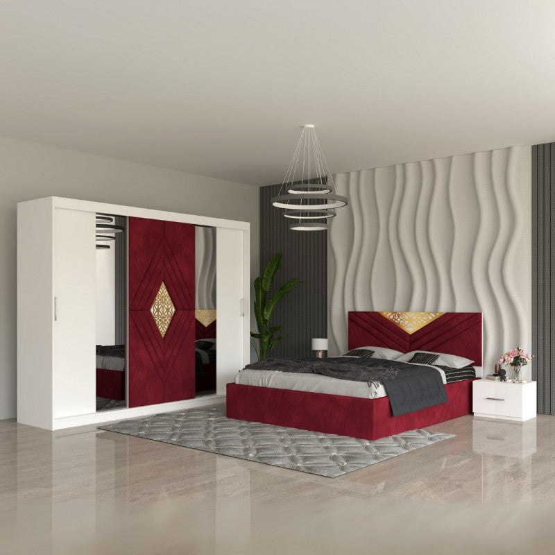 Dormitor Royal Visiniu Pat Tapitat, Dressing 250 Si 2 Noptiere