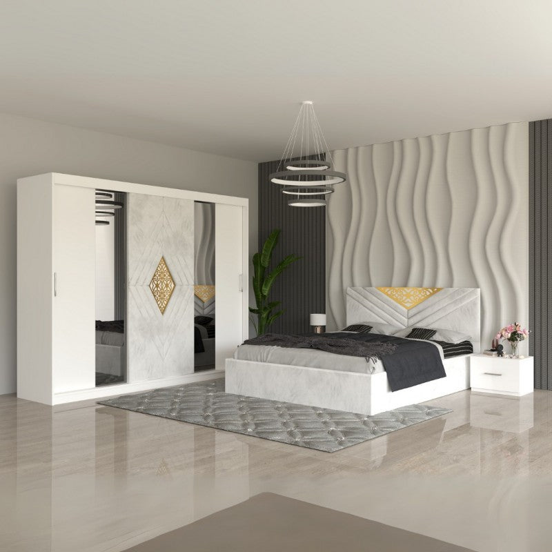 Dormitor Royal Alb Pat Tapitat, Dressing 250 Si 2 Noptiere