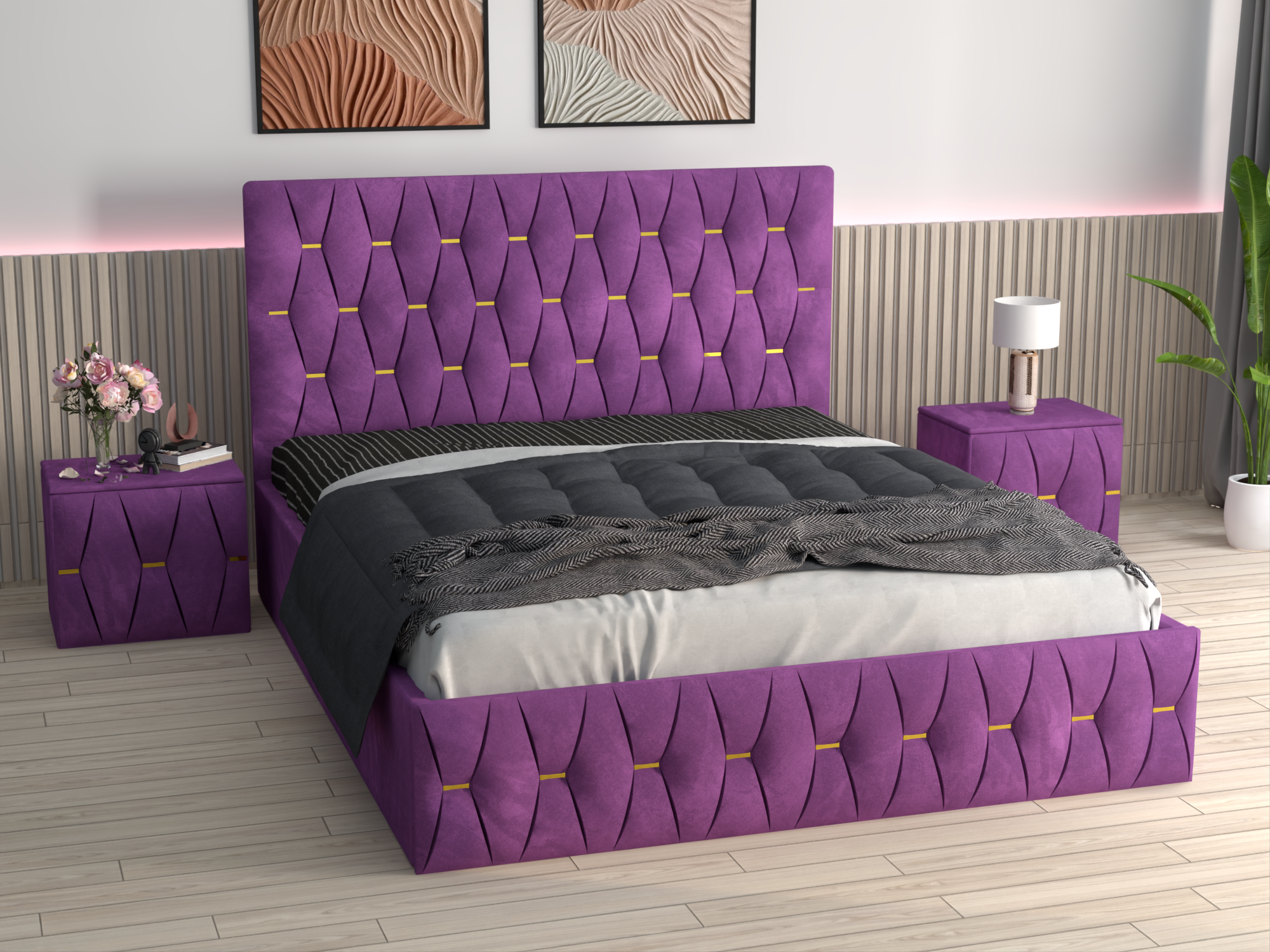 Pat Tapitat Ana Mov Catifea Premium cu Noptiere Tapitate