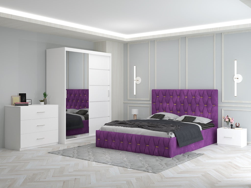 Dormitor Ana Mov cu Pat Tapitat , Dresing 150, Comoda si Noptiere