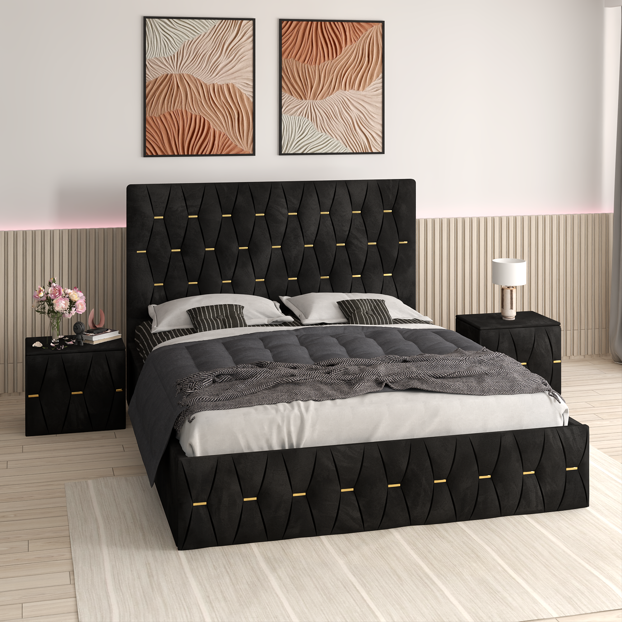 Pat Tapitat Ana Negru Catifea Premium cu Noptiere Tapitate