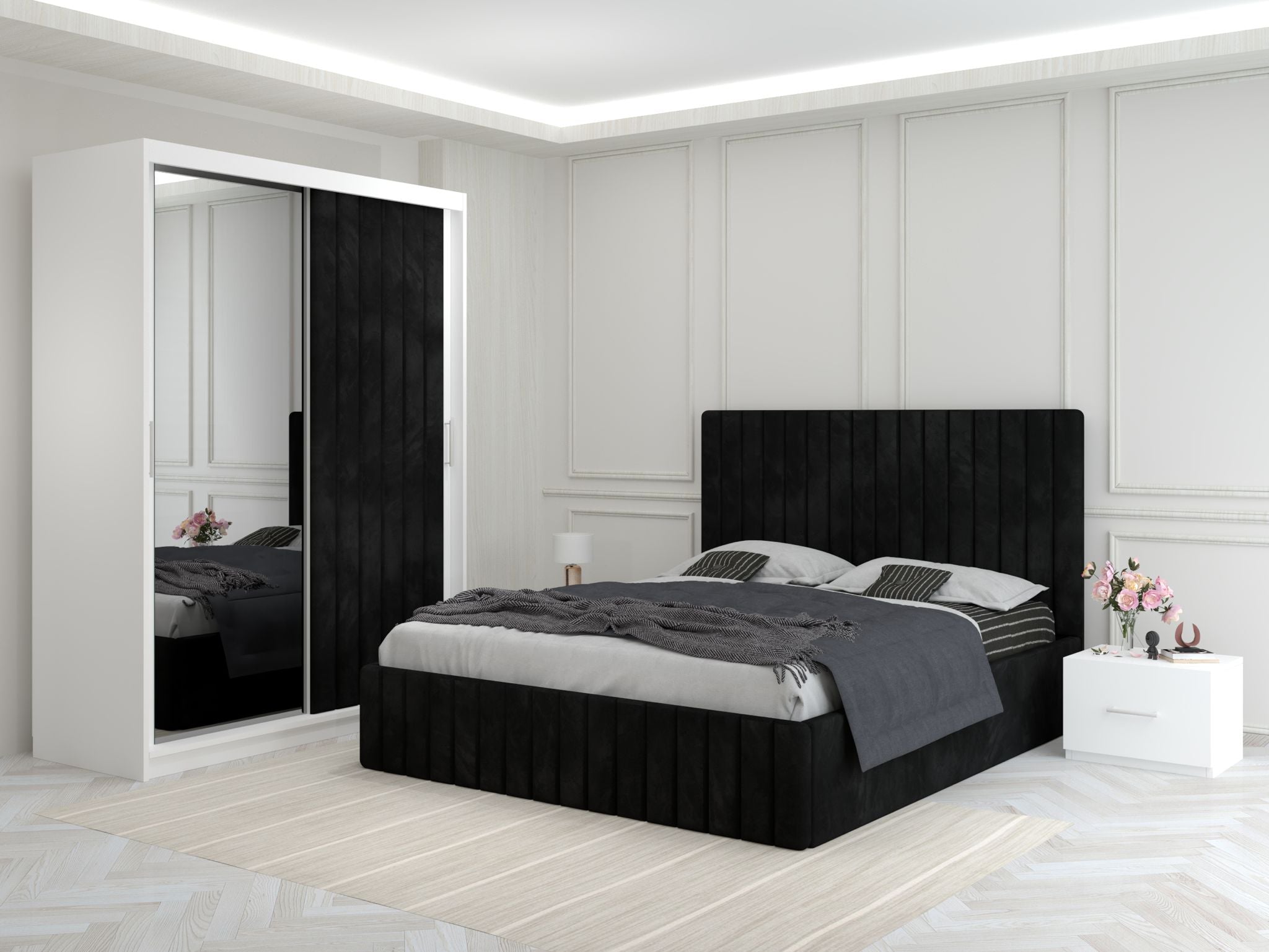 Dormitor Melania Negru cu Dressing Tapitat