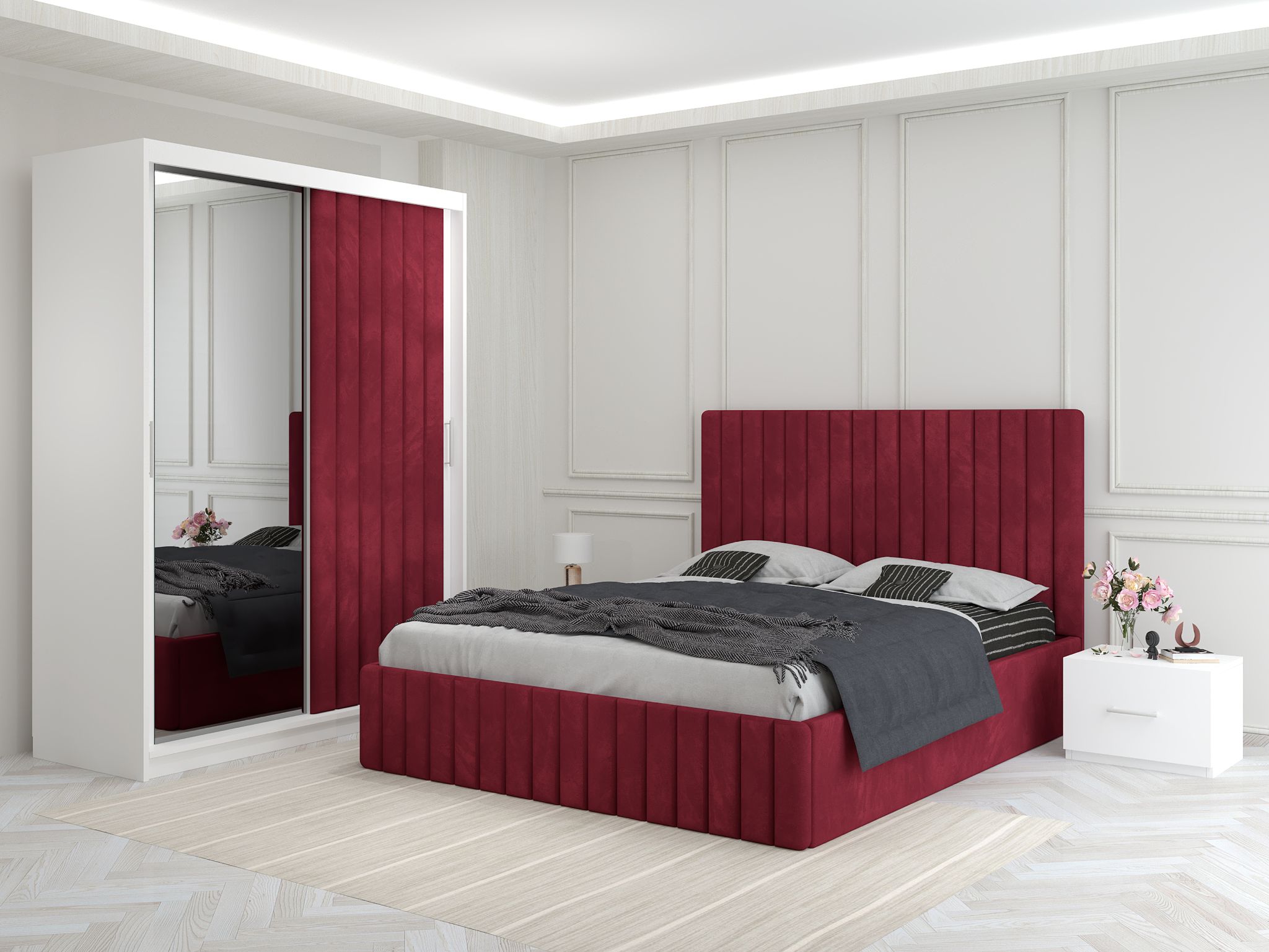 Dormitor Melania visiniu cu Dressing Tapitat