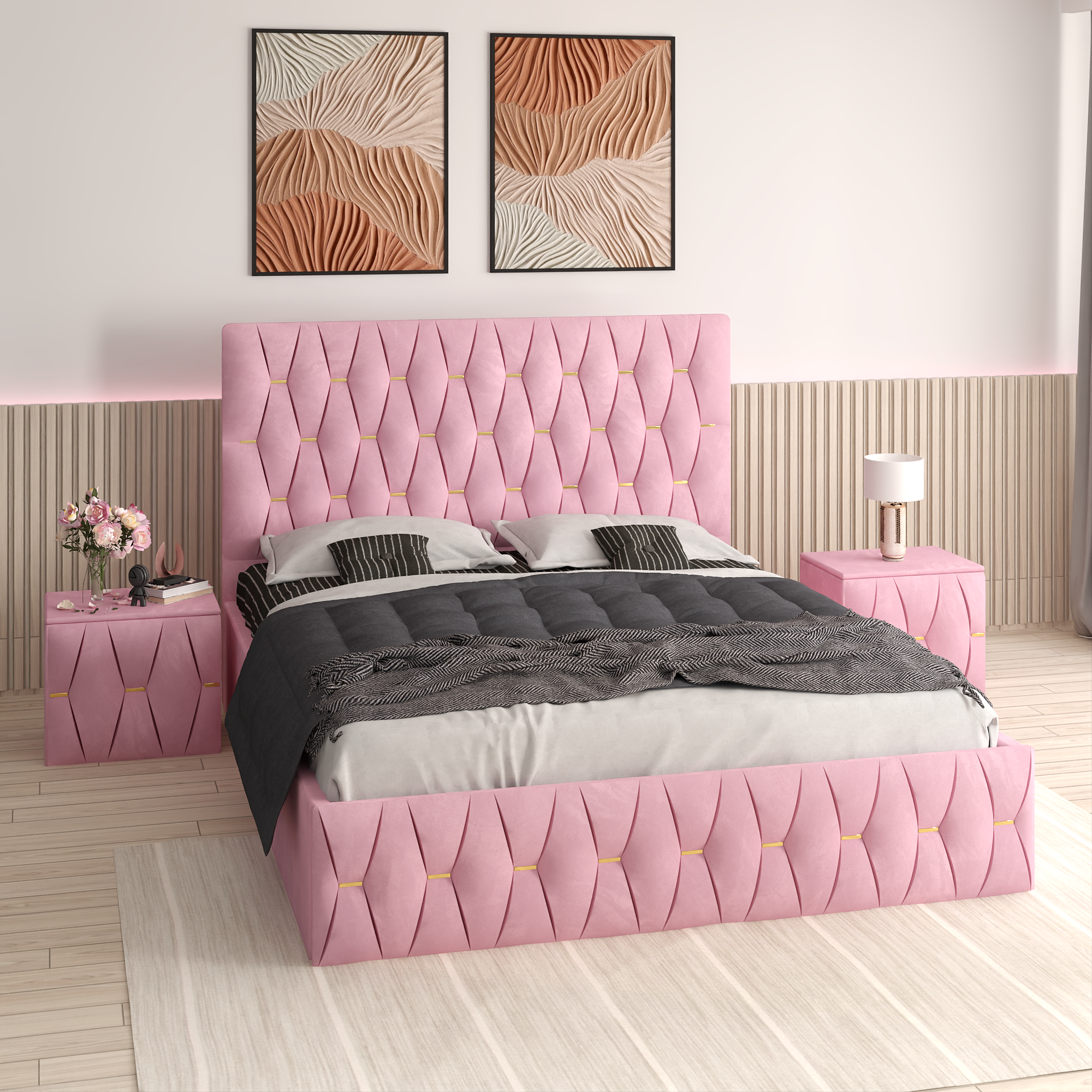 Pat Tapitat Ana Roz catifea Premium cu Noptiere Tapiate