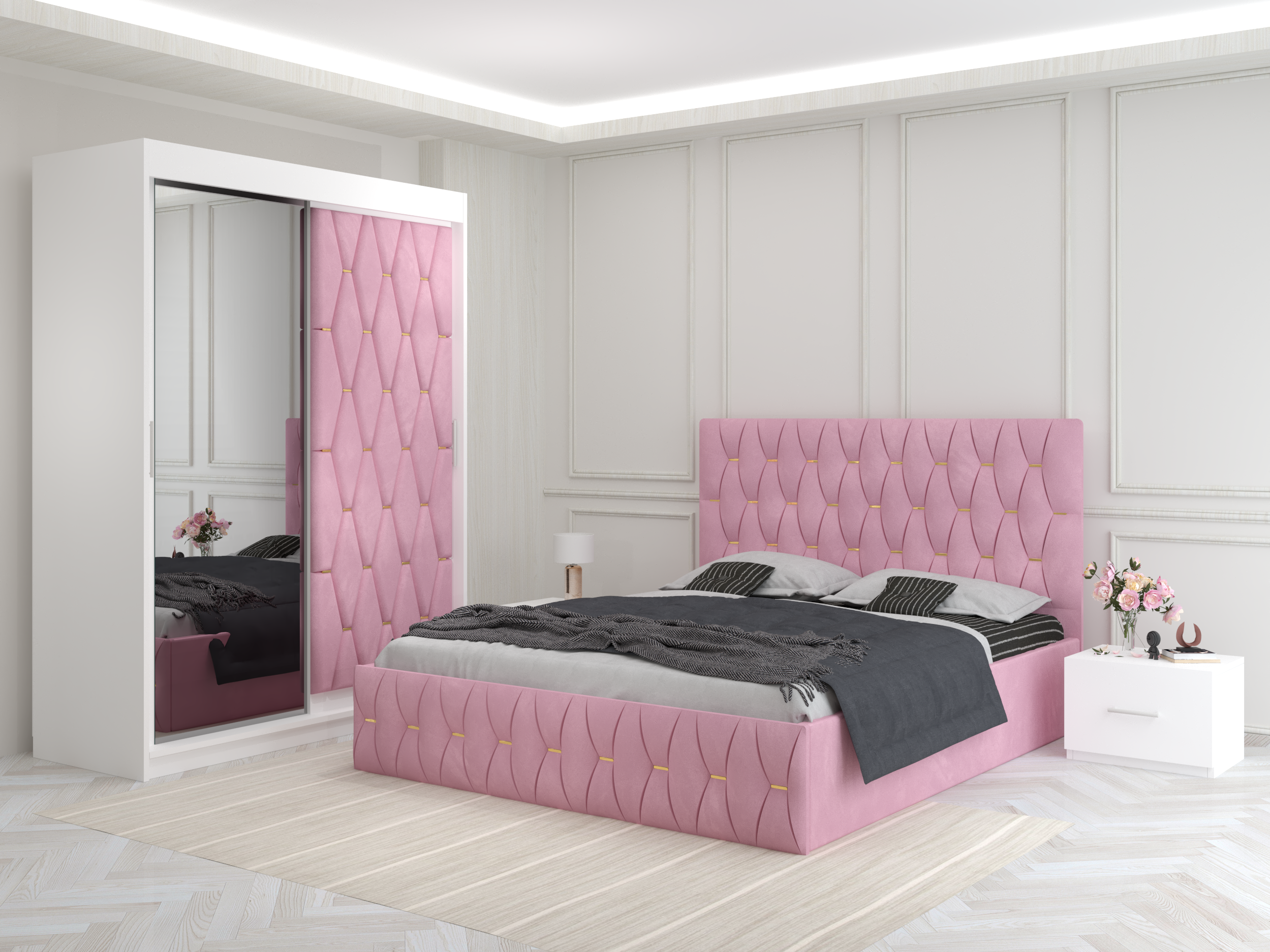 Dormitor Ana Roz cu Dressing Tapitat si 2 Noptiere