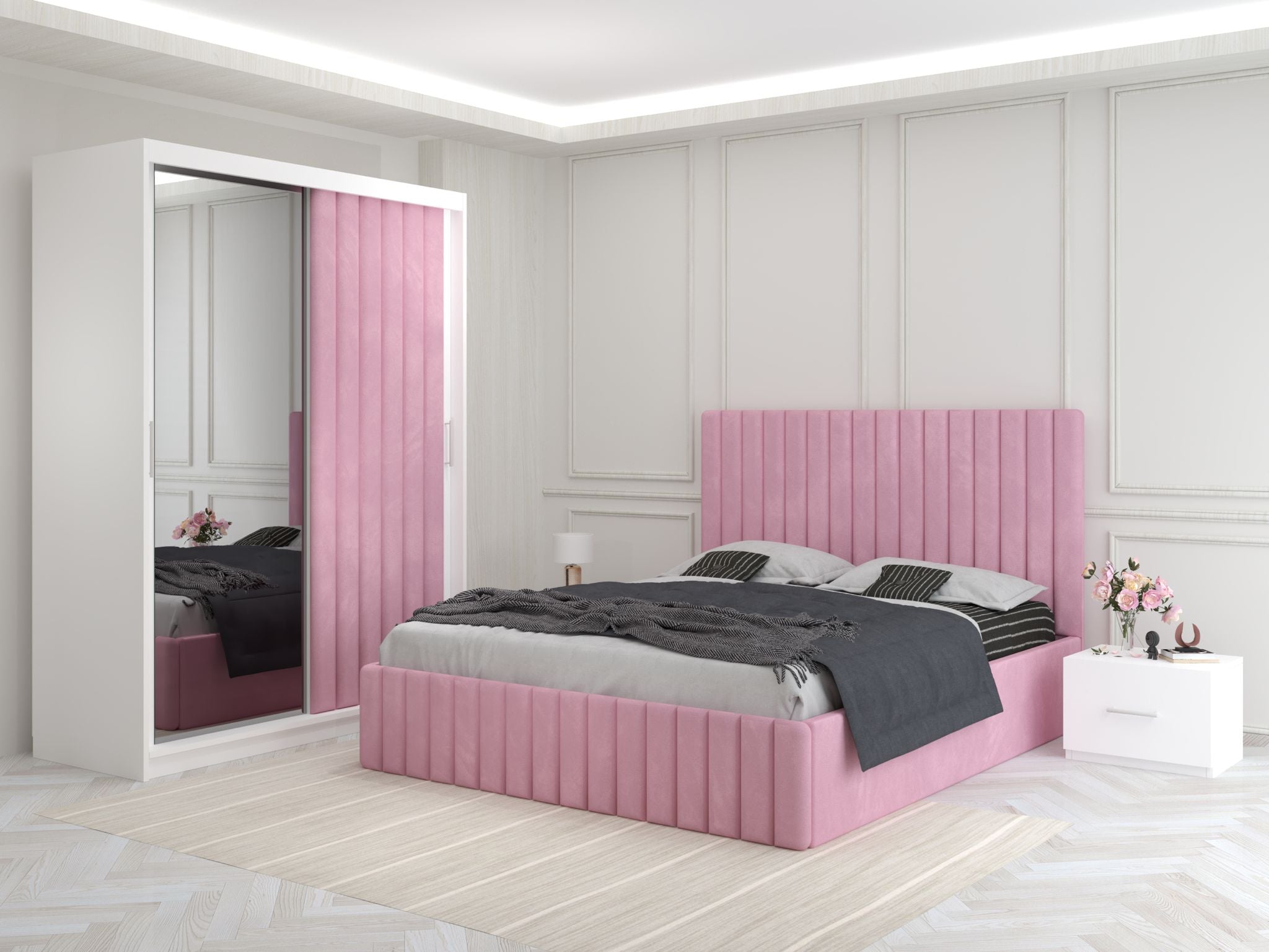 Dormitor Melania Roz cu Dressing Tapitat