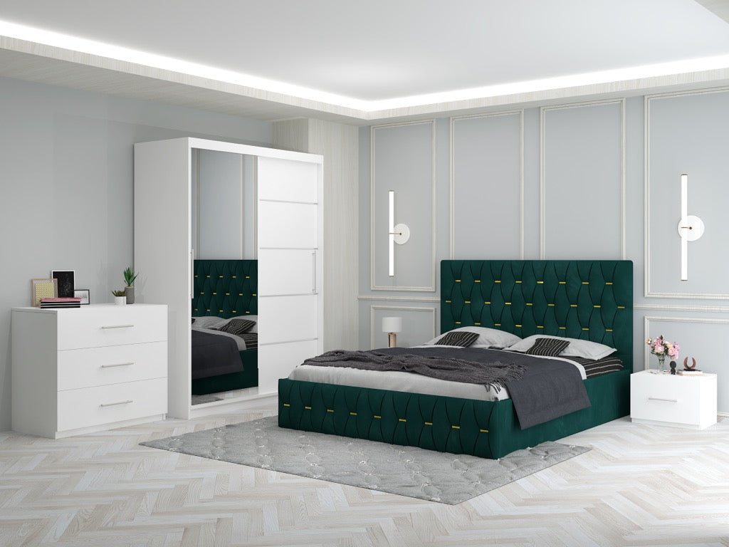 Dormitor Ana Verde cu Pat Tapitat , Dresing 150, Comoda si Noptiere