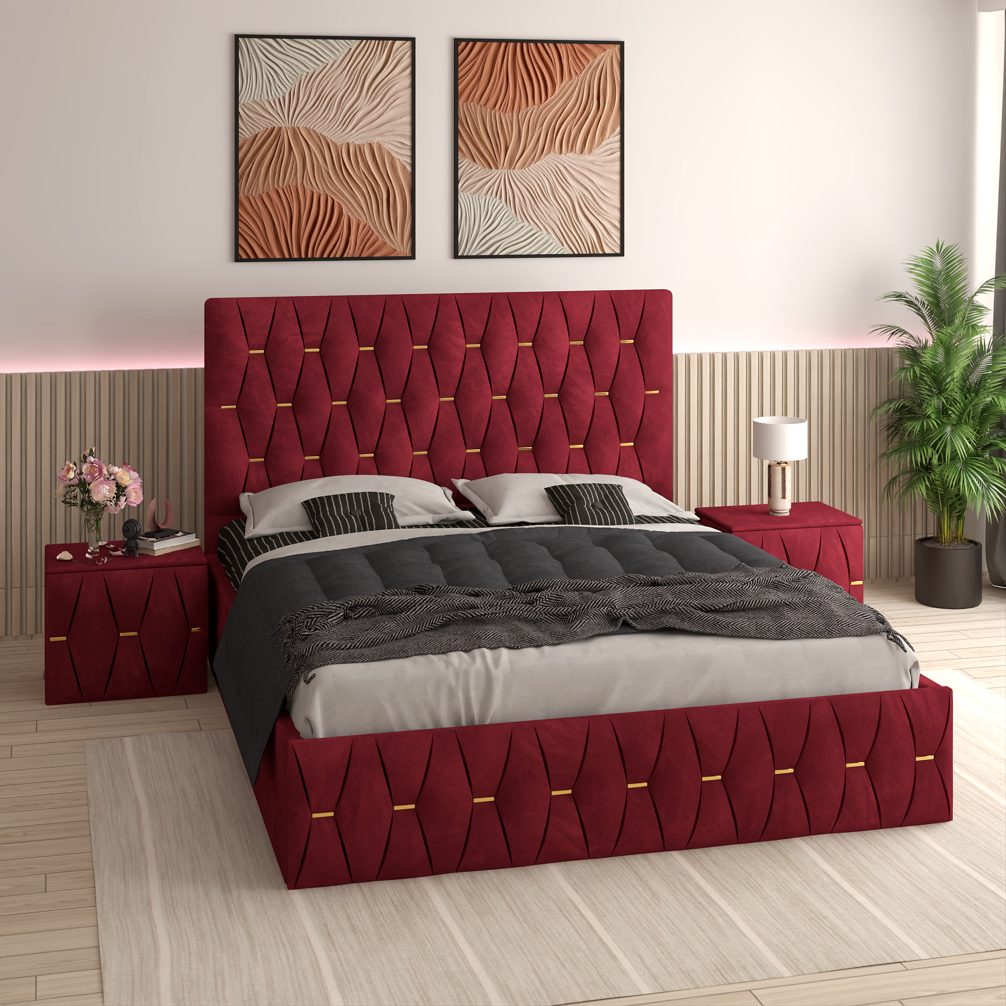 Pat Tapitat Ana Visiniu Catifea Premium cu Noptiere Tapitate