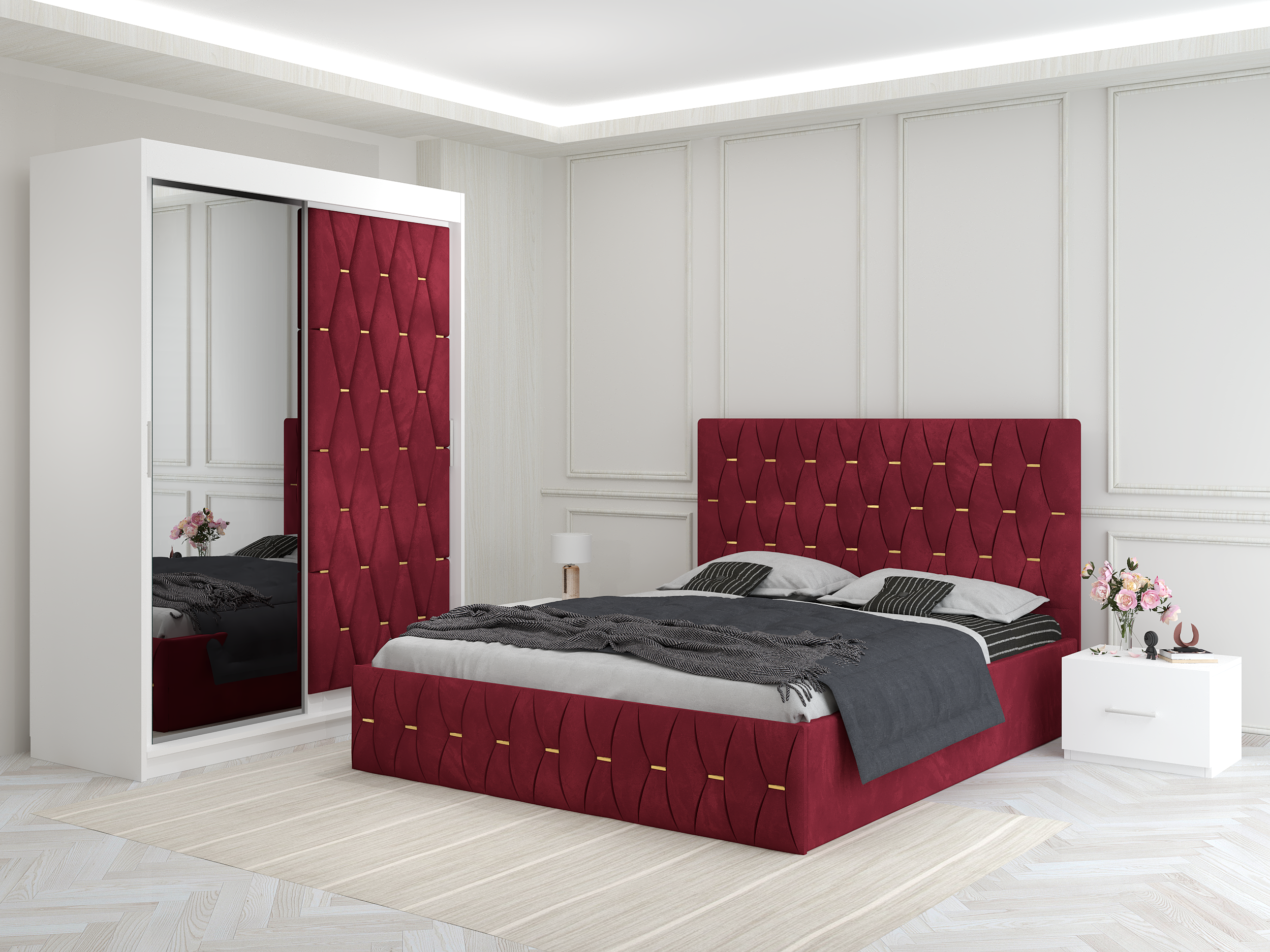 Dormitor Ana Visiniu cu Dressing Tapitat si 2 Noptiere