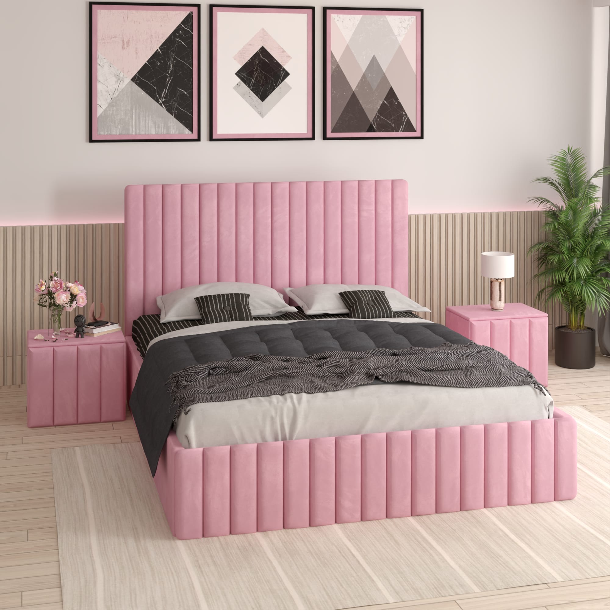 Pat Melania Roz Catifea Premium cu Noptiere Tapitate