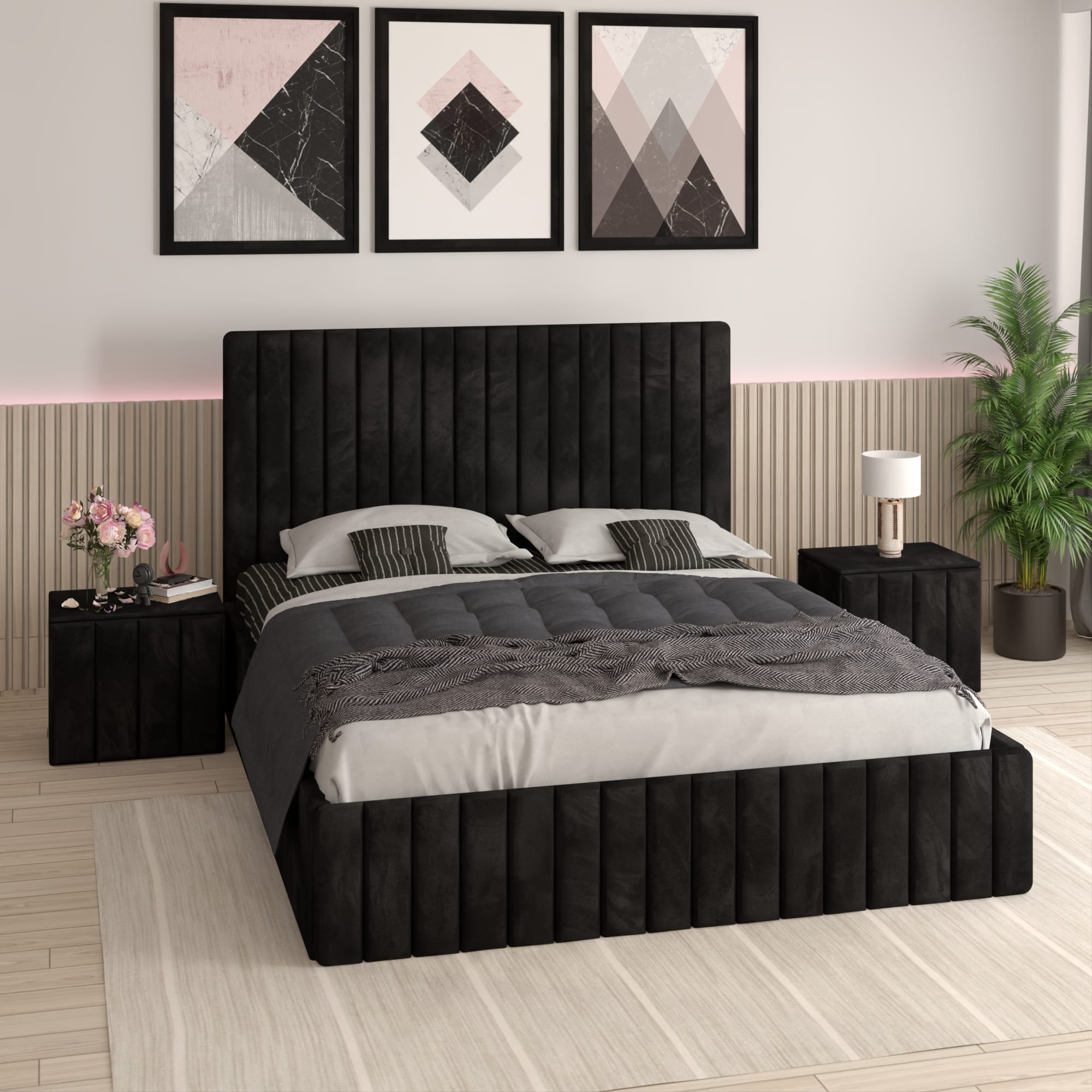 Pat Melania Negru Catifea Premium cu Noptiere Tapitate