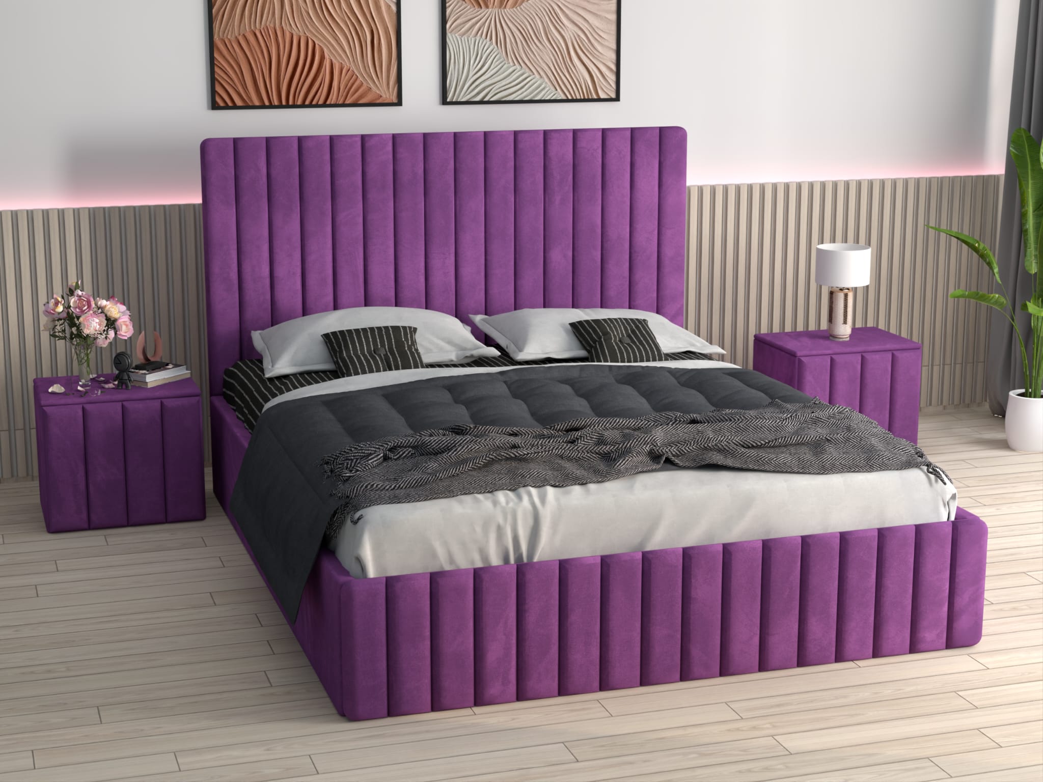 Pat Melania Mov Catifea Premium cu Noptiere Tapitate