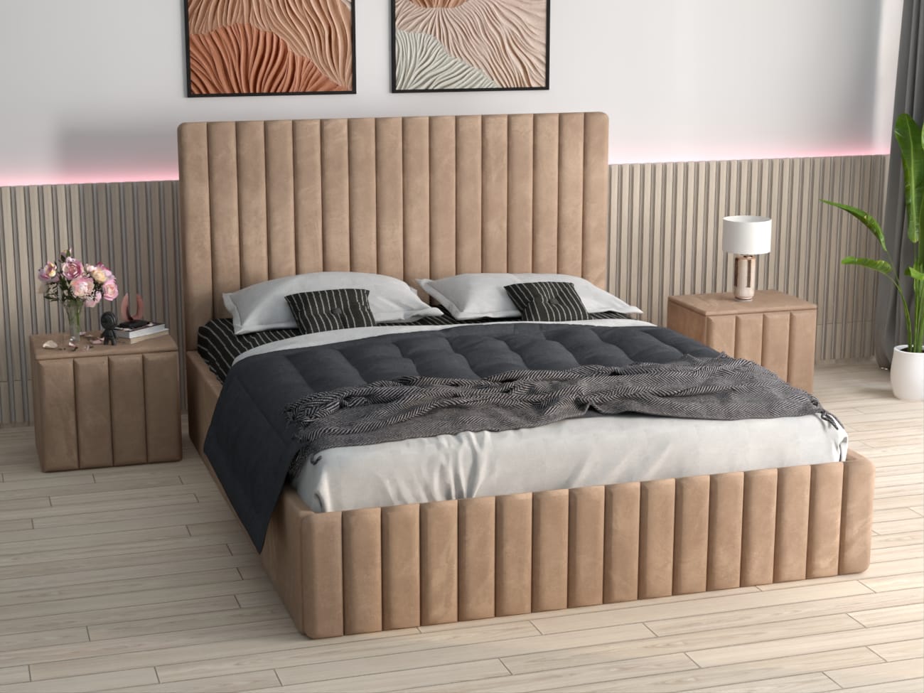 Pat Melania Crem Catifea Premium cu Noptiere Tapitate