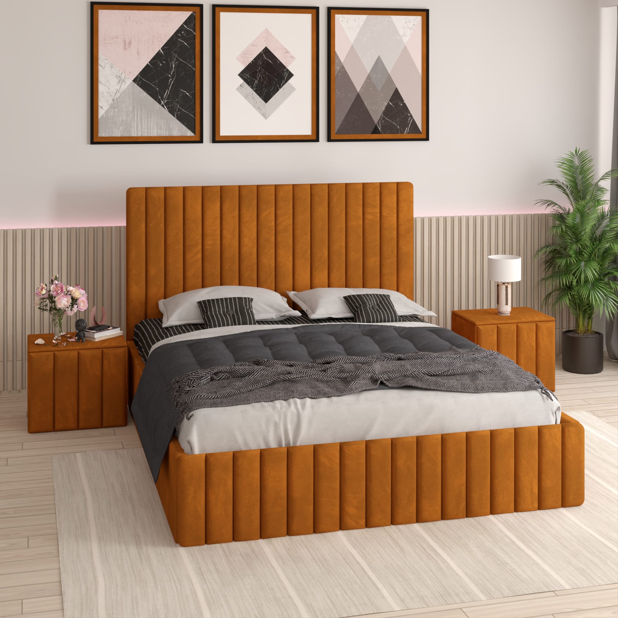 Pat Melania Caramiziu Catifea Premium cu Noptiere Tapitate