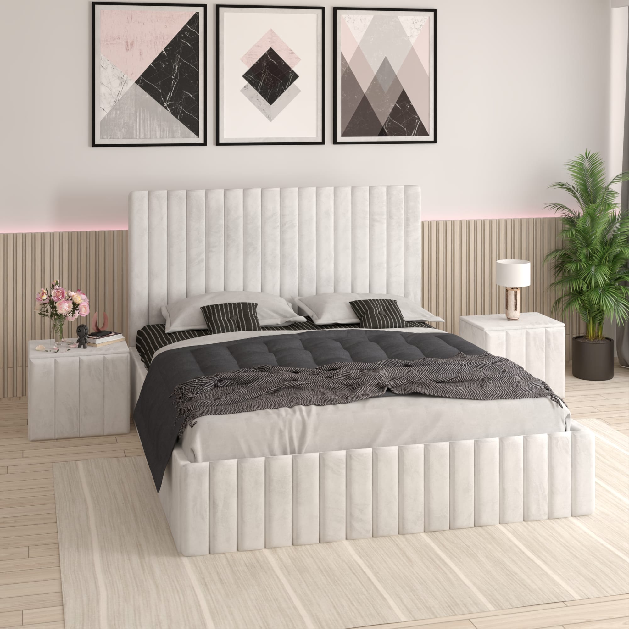 Pat Melania Alb Catifea Premium cu Noptiere Tapitate