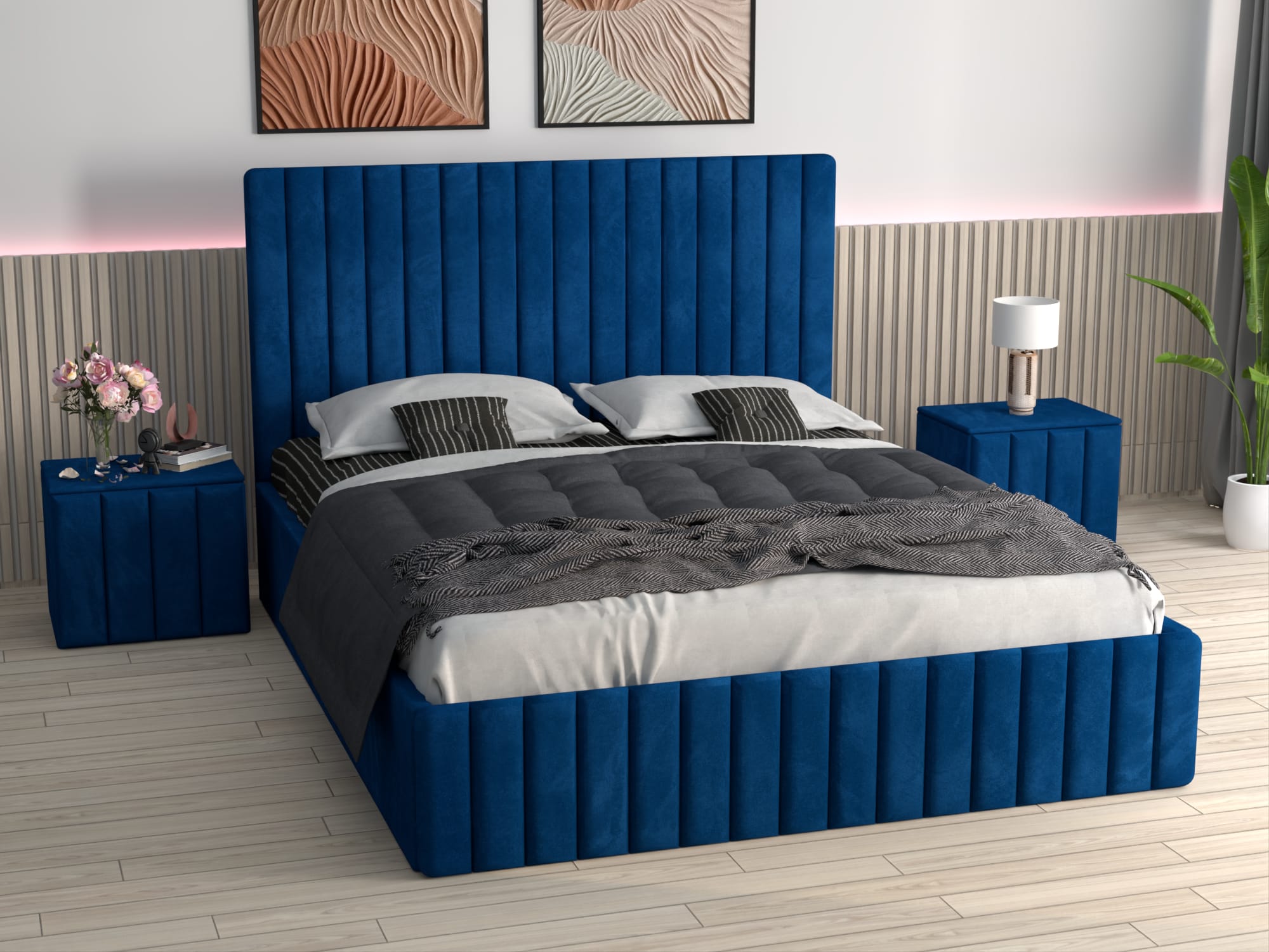 Pat Melania Albastru Catifea Premium cu Noptiere Tapitate