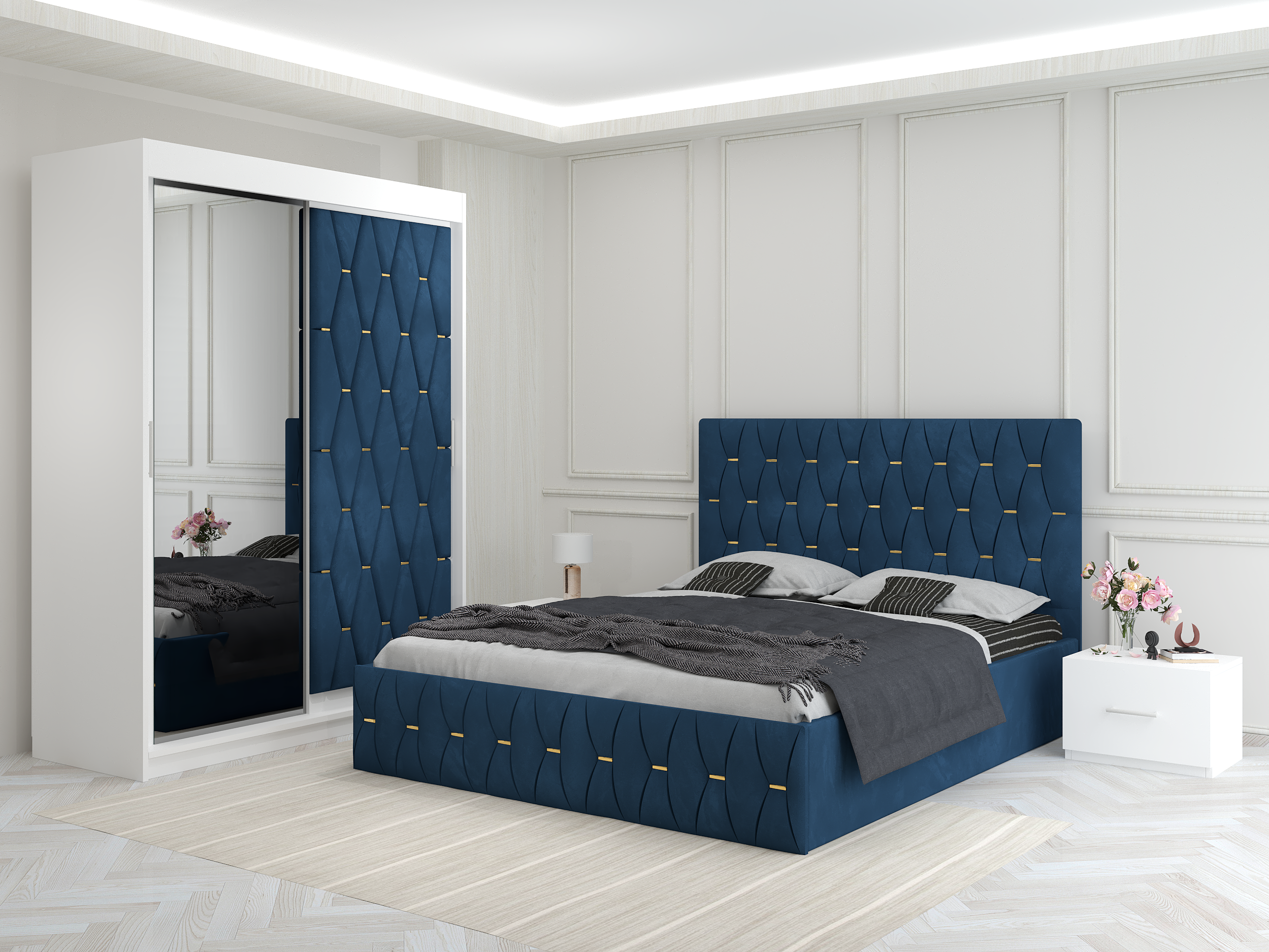 Dormitor Ana Albastru cu Dressing Tapitat si 2 Noptiere